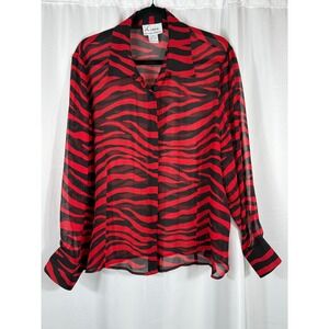 Linea by Louis Dell'Olio 100% Silk Red Black Zebra Print Sheer Blouse Top 1X